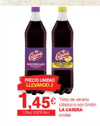 Supermercados Plaza La Casera Tinto de verano clásico o con limón Unidad 1,5lts oferta