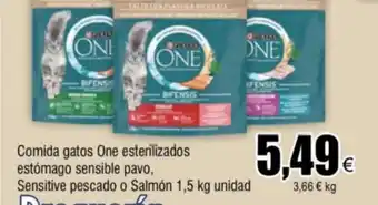 FROIZ Comida gatos One esterilizados estómago sensible pavo, Sensitive pescado o Salmón 1,5 kg unidad oferta