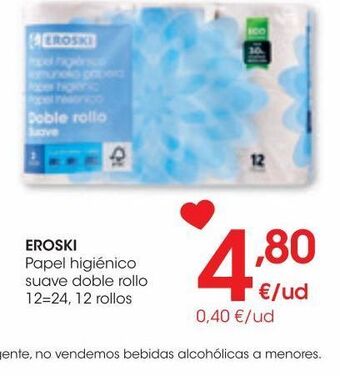 Eroski Eroski papel higiénico suave doble rollo 12=24 12 rollos oferta