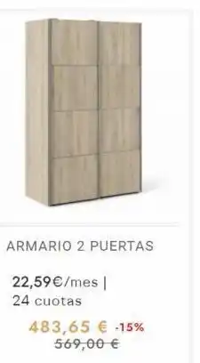 Muebles Rey Armario 2 puertas 22,59 €/mes | 24 cuotas 483,65 € -15% 569,00 € oferta