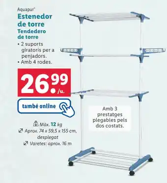 Lidl Aquapur Estenedor de torre Tendedero de torre • 2 suports giratoris per a penjadors. • Amb 4 rodes. oferta