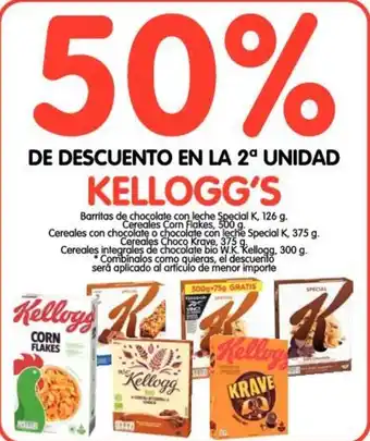 Alimerka Kellogg's Barritas de chocolate 126g, Corn flakes 500g, Krave 375g, Cereales con chocolate 365g, Cereales integrales 300g oferta