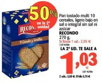 Alimerka Recondo Pan tostado multi 10 cereales, ligero bajo en sal o integral sin sal ni azúcar 270g oferta