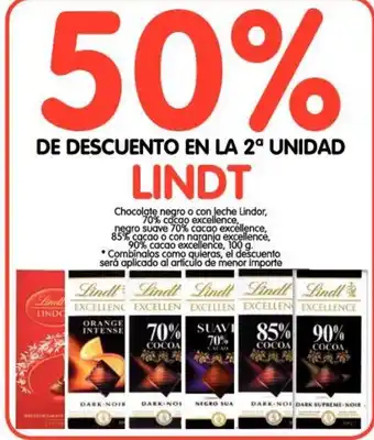 Alimerka Lindt Chocolate negro o con leche Lindor, 70% cacao excellemce, Negro suave 70%, 85% cacao o con naranja, 90% cacao 100g oferta