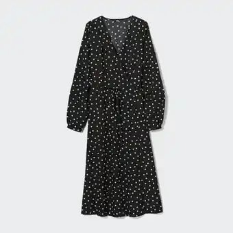 Uniqlo Vestido midi cruzado cuello pico manga larga lunares oferta