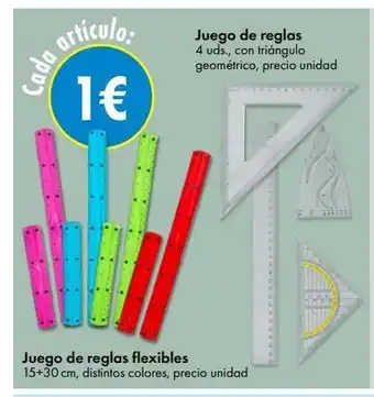 TEDi Cada articulo. 1€ juego de reglas flexibles 15+30 cm, distintos colores, precio unidad juego de reglas 4 uds., con triángu oferta