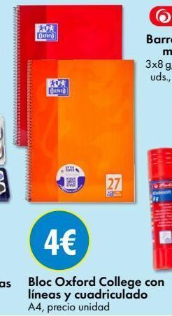 TEDi *0* oxford 20% oxford ra 27 4€ bloc oxford college con líneas y cuadriculado a4, precio unidad oferta