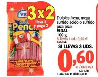 Alimerka Vidal Dulpica fresa, mega surtido Smileat Tortotos 100% ácido o surtido pica pica 100g oferta