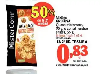Alimerka Grefusa Mix&Go Queso mistercorn, 90g. o con almendras snatt's, 55g oferta