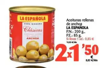 Alimerka La Española Aceitunas rellenas de anchoa, P.N.: 200g, P.E.: 85g oferta