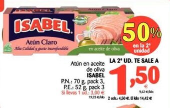 Alimerka Isabel Atún en aceite de oliva, P.n.: 70g pack 3, P.e.: 52g pack 3 oferta