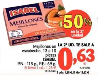 Alimerka Isabel Mejillones en escabeche, 13 a 18 piezas, P.n.: 115g, P.e.: 69g oferta