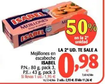 Alimerka Isabel Mejillones en escabeche, P.n.: 80g pack 3, P.e.: 43g pack 3 oferta