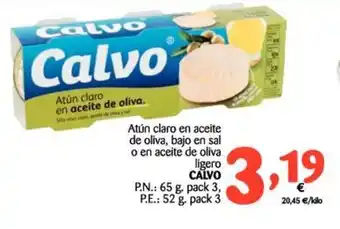 Alimerka Calvo Atún claro en aceite de oliva, bajo en sal o en aceite de oliva ligero, P.n.: 65g pack 3, P.e.: 52g pack 3 oferta