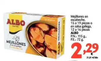 Alimerka Albo Mejillones en escabeche, 15 a 19 piezas o en salsa gallega, 12 a 16 piezas, P.n.: 115g, P.e.: 72g oferta