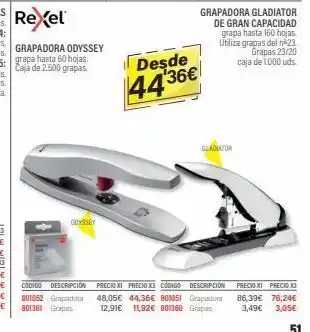 Carlin Rexel grapadora odyssey grapa hasta 60 hojas. caja de 2.500 grapas. odyssey codigo descripcion 801052 grapadora 801361 gra oferta