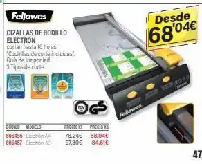 Carlin Codigo modelo 806456 electrón a4 806457 electrón a3 fellowes cizallas de rodillo electrón cortan hasta 10 hojas. cuchil oferta