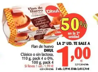 Alimerka Dhul Flan de huevo Clásico o sin lactosa, 110g. pack 4 o 0%, 100g. pack 4 oferta