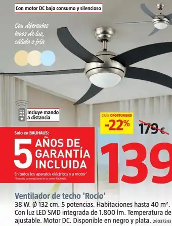Bauhaus Ventilador techo rocio led dc plata 132cm oferta