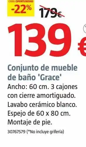 Bauhaus *cjto.mueble baño grace 60 bl. esp-lav oferta