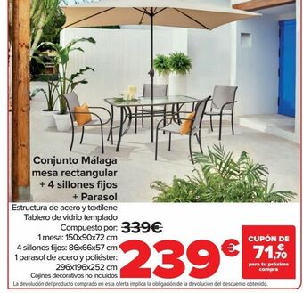 Carrefour Conjunto málaga mesa rectangular + 4 sillones fijos + parasol oferta