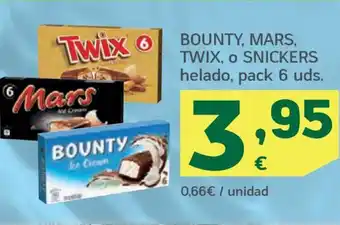 HiperDino BOUNTY, MARS, TWIX, o SNICKERS helado, pack 6 uds. oferta