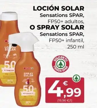 SPAR LOCIÓN SOLAR Sensations SPAR, FP50+ adultos, O SPRAY SOLAR Sensations SPAR, FP50+ infantil, oferta