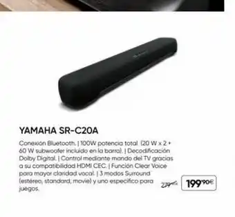 Fnac Yamaha sr-c20a conexión bluetooth. | 100w potencia total (20 w x 2 + 60 w subwoofer incluido en la barra). | decodificación oferta