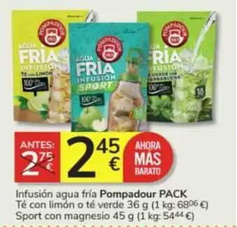 Consum Infusión agua fría Pompadour PACK Té con limón o té verde 36 g (1 kg: 6806 €) Sport con magnesio 45 g oferta
