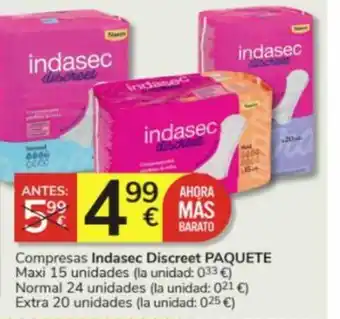 Consum Compresas Indasec Discreet PAQUETE Maxi 15 unidades (la unidad: 033 €) Normal 24 unidades oferta