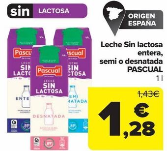 Carrefour Leche sin lactosa entera, semi o desnatada pascual oferta