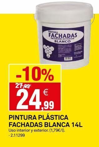 Bricoking Pintura fachadas interior exterior blanco -10% 27,99€ 24.99 pintura plástica fachadas blanca 14l uso interior y exterio oferta