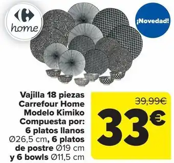 Carrefour Vajilla 18 piezas carrefour home modelo kimiko compuesta por: 6 platos llanos, 6 platos de postre y 6 bowls oferta