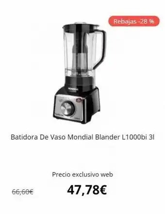 Dynos Informática 66,60€ rebajas -28% batidora de vaso mondial blander l1000bi 31 precio exclusivo web 47,78€ oferta
