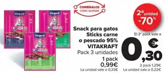 Carrefour Snacks para gatos sticks carne o pescado 95% vitakraft oferta