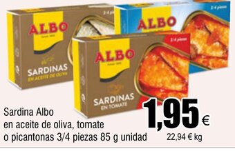 FROIZ Sardina Albo en aceite de oliva, tomate o picantonas 3/4 piezas 85 g unidad oferta