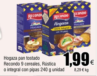 FROIZ Hogaza pan tostado Recondo 9 cereales, Rústica o integral con pipas 240 g unidad oferta