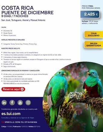 Tui Travel PLC Costa rica puente de diciembre 9 días / 7 noches san josé, tortuguero, arenal y manuel antonio salida • diciembre: 02. • oferta