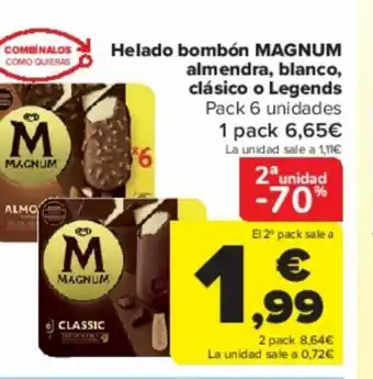 Carrefour Helado bombón MAGNUM almendra, blanco, clásico o Legends Pack 6 unidades oferta