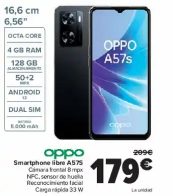 Carrefour Smartphone libre A57S Cámara frontal 8 mpx NFC, sensor de huella Reconocimiento facial Carga rápida 33 W oferta