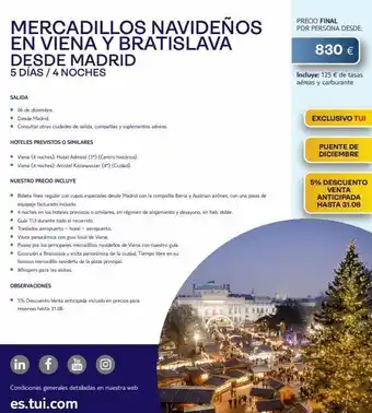 Tui Travel PLC Mercadillos navideños en viena y bratislava desde madrid 5 días / 4 noches salida • 06 de diciembre. • desde madrid. • co oferta