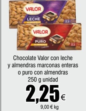 FROIZ Chocolate Valor con leche y almendras marconas enteras o puro con almendras 250 g unidad oferta