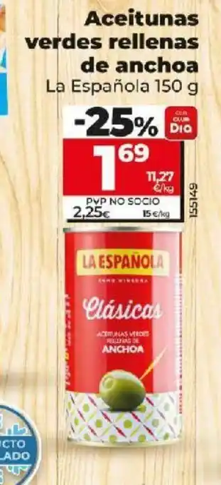Dia Aceitunas verdes rellenas de anchoa La Española 150 g -25% DI 69 oferta
