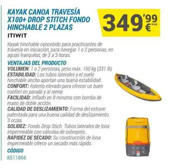 Decathlon Kayak Canoa Travesía X100+ Drop Stitch Fondo Hinchable 2 Plazas Itiwit oferta