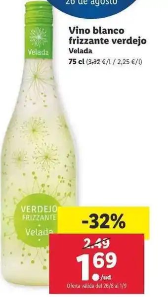 Lidl Vino blanco frizzante verdejo Velada 75cl oferta