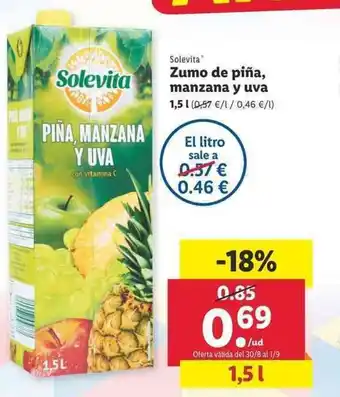 Lidl Solevita Zumo de piña manzna y uva 1,5l oferta