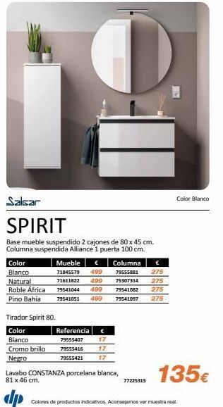 Distriplac Salsar spirit base mueble suspendido 2 cajones de 80 x 45 cm. columna suspendida alliance 1 puerta 100 cm. color blanco oferta