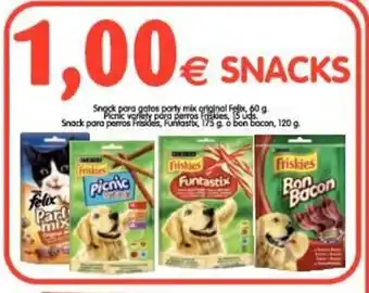 Alimerka Snacks Party mix original Felix 60g, Picnic Variety 15 uds,Funtastic 175g, Bon bacon 120g oferta