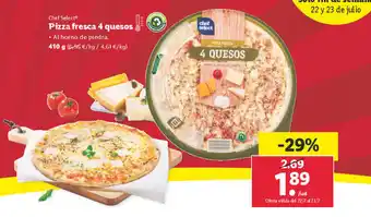 Lidl Pizza fresca 4 quesos • Al horno de piedra. 410 g (6.56 €/kg / 4,61 € /kg) oferta