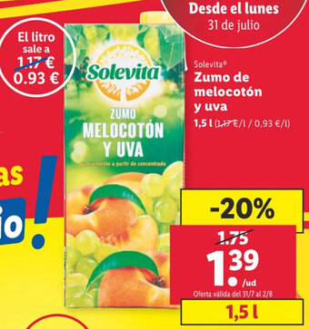 Lidl Solevita® Zumo de melocotón y uva oferta